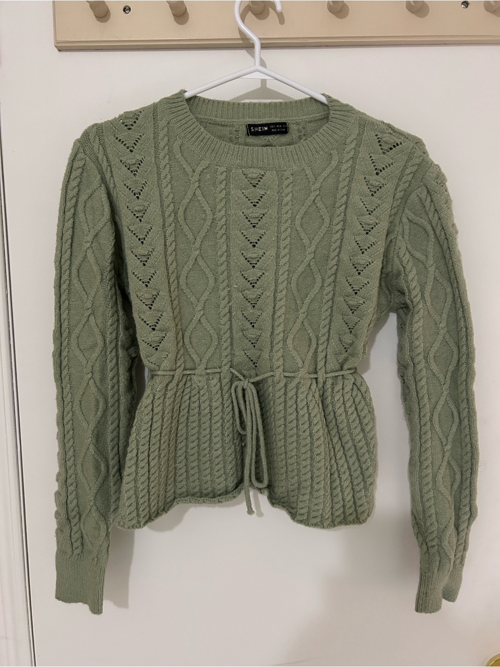 SHEIN Sage Green Cable Knit Drawstring Crew Sweater